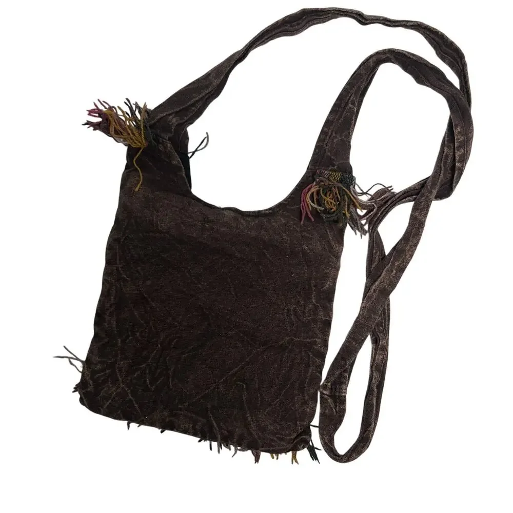 Boho Peace Sign Sling Crossbody Bag Purse Zip Top Lined Fringe Festival